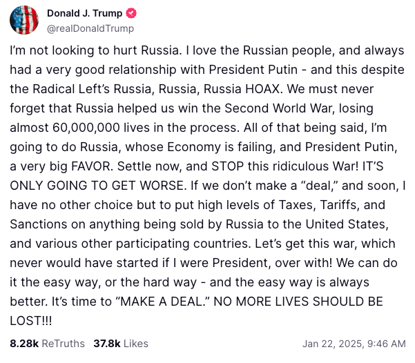 Trump Truth Social post urging Russia to make a deal and end war.